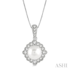 7 MM Cultured Pearl and 1/5 Ctw Round Cut Diamond Halo Pendant With Chain in 10K White Gold