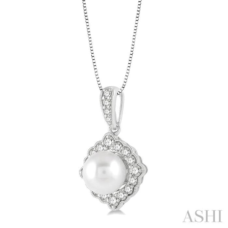 7 MM Cultured Pearl and 1/5 Ctw Round Cut Diamond Halo Pendant With Chain in 10K White Gold
