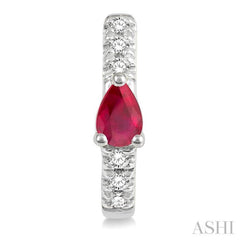 4X3 MM Pear Cut Ruby and 1/10 Ctw Round Cut Diamond Petite Huggie Earrings in 10K White Gold