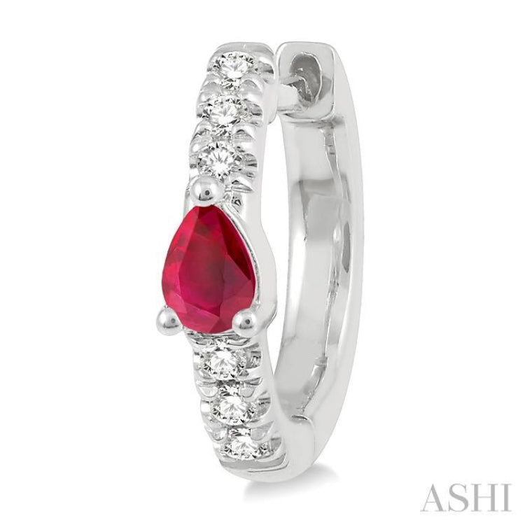 4X3 MM Pear Cut Ruby and 1/10 Ctw Round Cut Diamond Petite Huggie Earrings in 10K White Gold