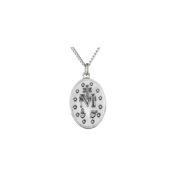 Sterling Silver 19x13.5 mm Oval Miraculous Medal 18" Necklace