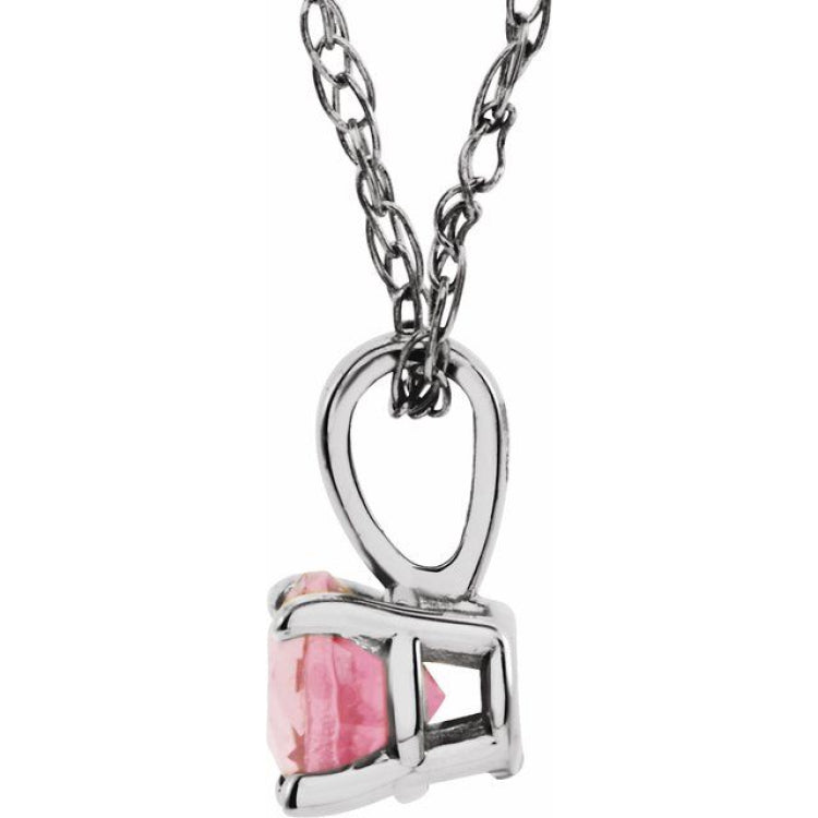 14K White 3 mm Natural Pink Tourmaline Youth Solitaire 14" Necklace