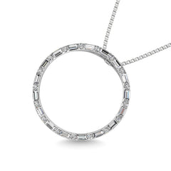 Diamond 1/5 Ct.Tw. Round and Baguette Cut Open Circle Pendant in 10K White Gold