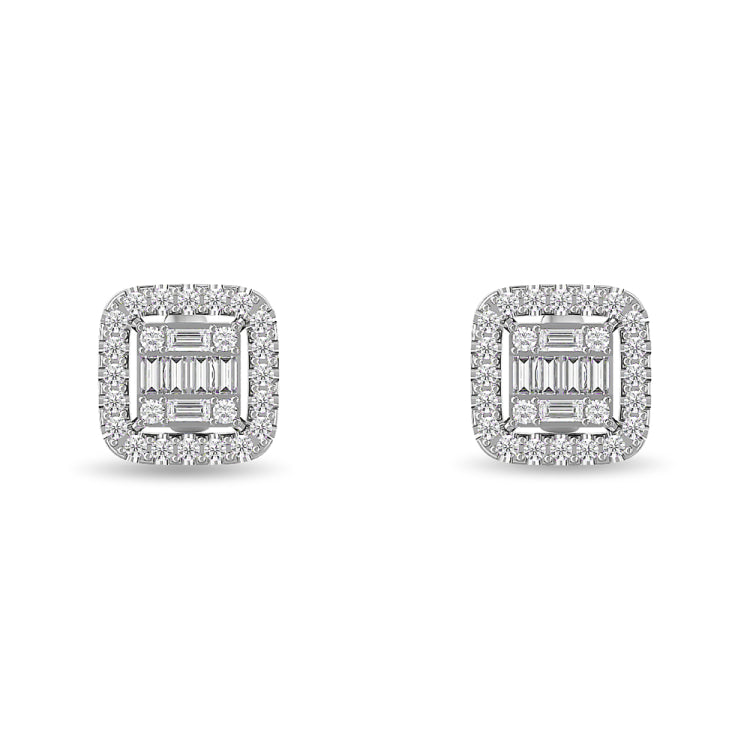 Diamond 1/3 Ct.Tw. Round and Baguette Fashion Earrings in 14K White Gold