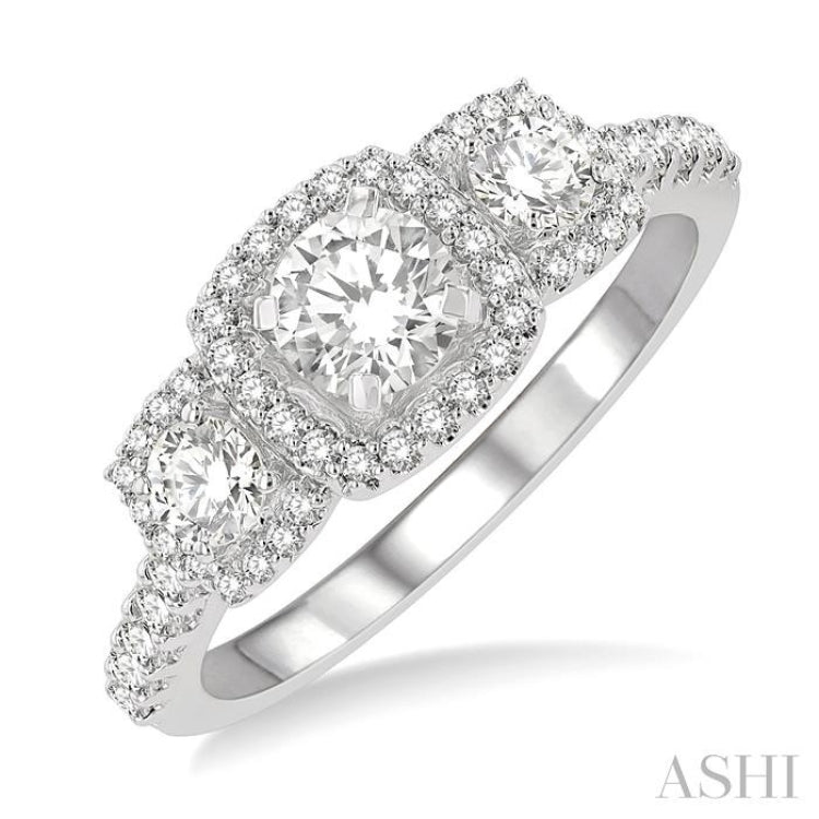 Round Shape Past Present & Future Halo Diamond Engagement Ring