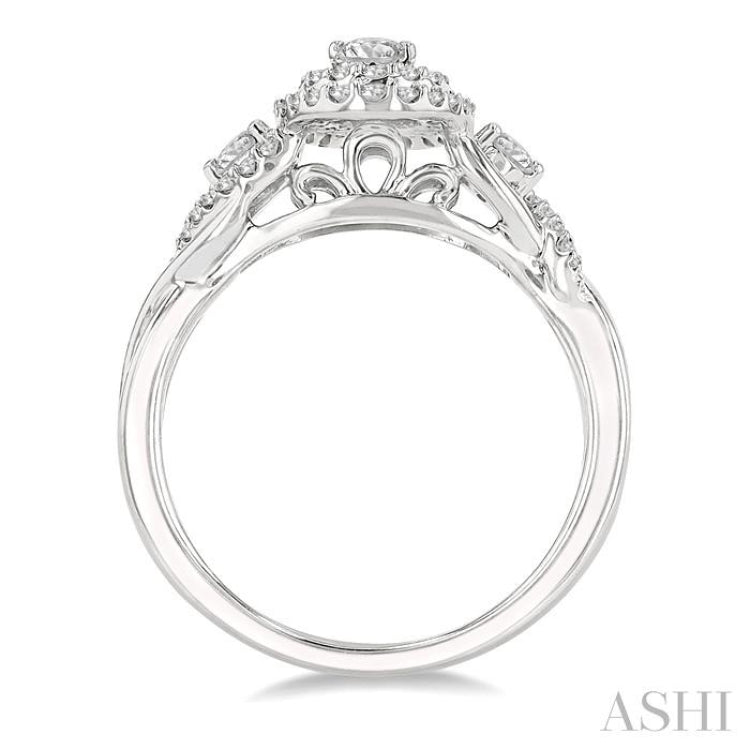5/8 Ctw Split Twisted Shank Round Cut Diamond Engagement Ring With 1/4 Ct Oval Cut Center Stone in 14K White Gold