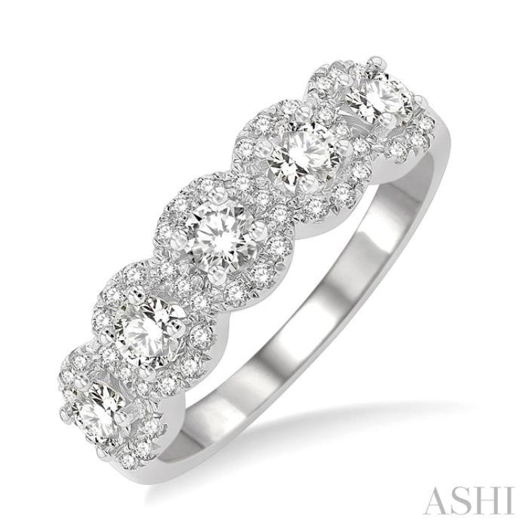 Round Shape 5 Stone Halo Diamond Wedding Band