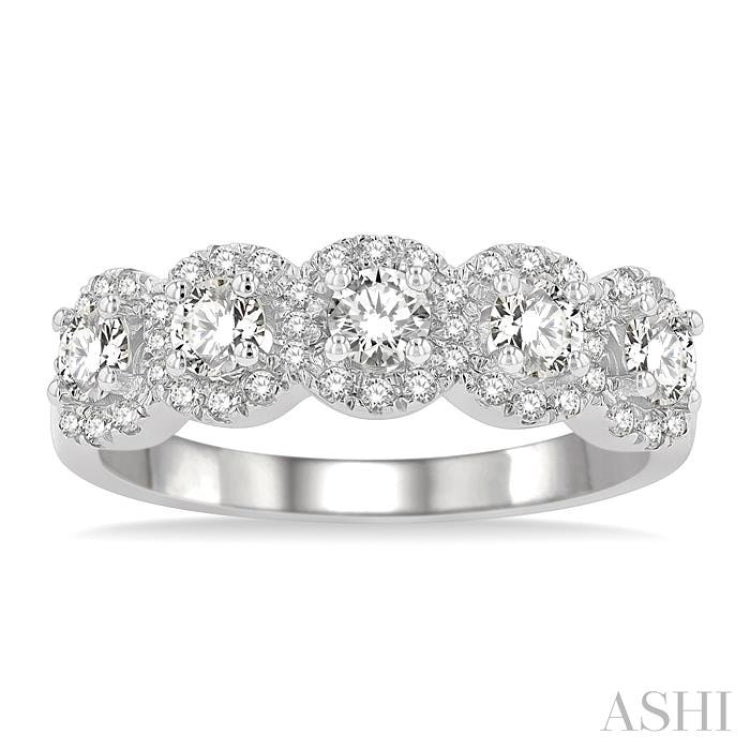 Round Shape 5 Stone Halo Diamond Wedding Band