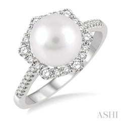 8 MM Cultured Pearl and 1/3 Ctw Hexagon Shape Round Cut Diamond Ring in 14K White Gold