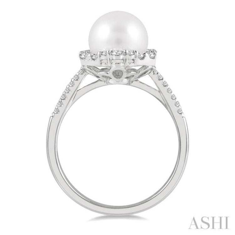 8 MM Cultured Pearl and 1/3 Ctw Hexagon Shape Round Cut Diamond Ring in 14K White Gold