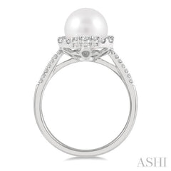 8 MM Cultured Pearl and 1/3 Ctw Hexagon Shape Round Cut Diamond Ring in 14K White Gold
