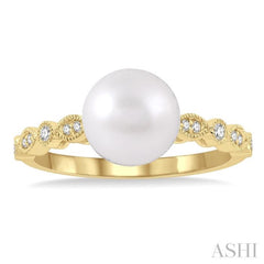 8 MM Cultured Pearl and 1/10 Ctw Round Cut Diamond Ring in 14K Yellow Gold