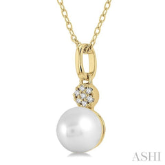 6 MM Round Shape Cultured Pearl and 1/50 Ctw Round Cut Diamond Petite Fashion Pendant With Chain in 10K Yellow Gold