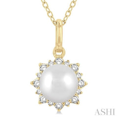 6 MM Round Shape Cultured Pearl and 1/10 Ctw Petite Sun Round Cut Diamond Fashion Pendant With Chain in 10K Yellow Gold