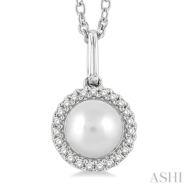 6 MM Round Shape Cultured Pearl and 1/20 Ctw Petite Round Cut Diamond Halo Fashion Pendant With Chain in 10K White Gold