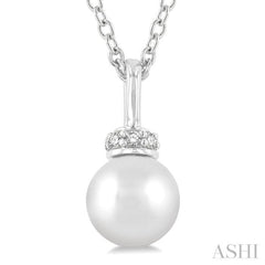 6 MM Round Shape Cultured Pearl and 1/20 Ctw Petite Round Cut Diamond Crown Fashion Pendant With Chain in 10K White Gold