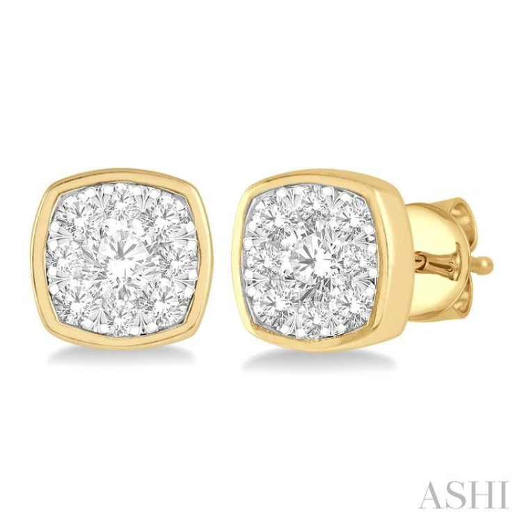 1/2 Ctw Cushion Shape Round Cut Diamond Lovebright Bezel Stud Earring in 14K Yellow and White Gold
