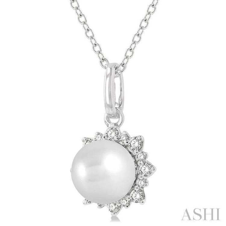 6 MM Round Shape Cultured Pearl and 1/10 Ctw Petite Sun Round Cut Diamond Fashion Pendant With Chain in 10K White Gold