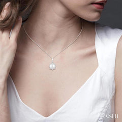 6 MM Round Shape Cultured Pearl and 1/10 Ctw Petite Sun Round Cut Diamond Fashion Pendant With Chain in 10K White Gold