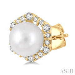 7 MM Cultured Pearls and 1/3 Ctw Hexagon Shape Round Cut Diamond Earrings in 14K Yellow Gold