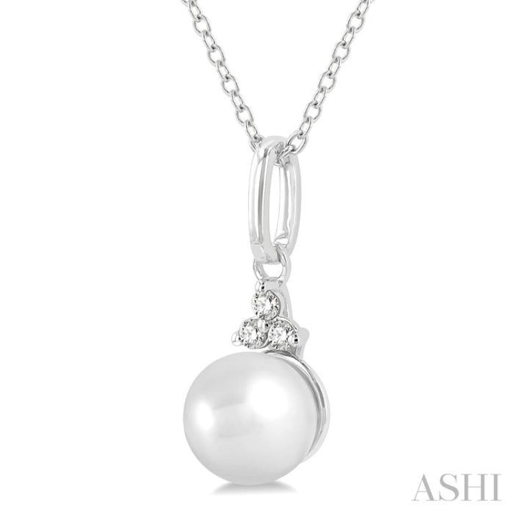 6 MM Round Shape Cultured Pearl and 1/50 Ctw Round Cut Diamond Petite Fashion Pendant With Chain in 10K White Gold