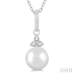 6 MM Round Shape Cultured Pearl and 1/50 Ctw Round Cut Diamond Petite Fashion Pendant With Chain in 10K White Gold