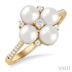 5x5 MM Round Shape Floral Cultured Pearls and 1/6 Ctw Round Cut Diamond Fashion Ring in 10K Yellow Gold
