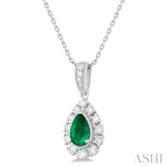 6X4 MM Pear Cut Emerald and 1/4 Ctw Round Cut Diamond Precious Pendant With Chain in 14K White Gold