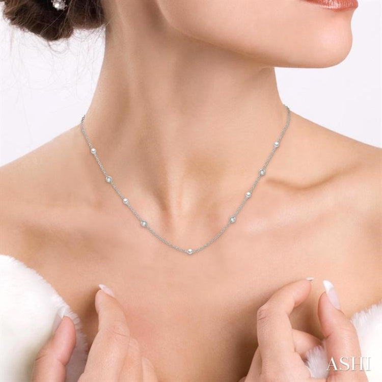5 MM Round Shape Cultured Pearls and 1/4 Ctw Round Cut Diamond Station Necklace in 14K White Gold
