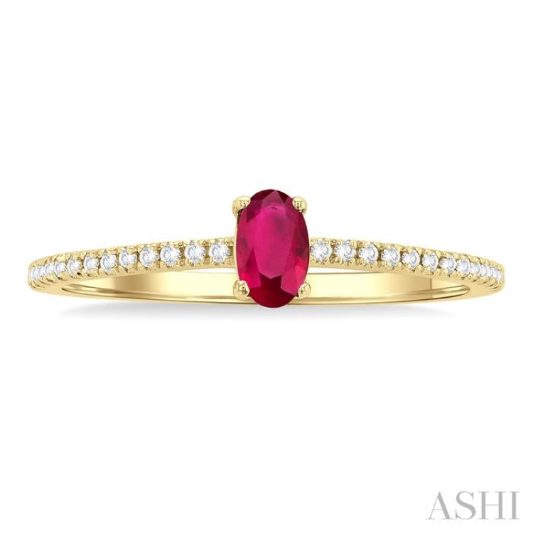 5x3 MM Oval Cut Ruby and 1/10 Ctw Petite Round Cut Diamond Precious Fashion Ring in 10K Yellow Gold