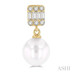 6 MM Cultured Pearls and 1/10 Ctw Baguette and Round Cut Diamond Earrings in 10K Yellow Gold