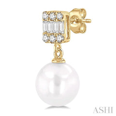 6 MM Cultured Pearls and 1/10 Ctw Baguette and Round Cut Diamond Earrings in 10K Yellow Gold