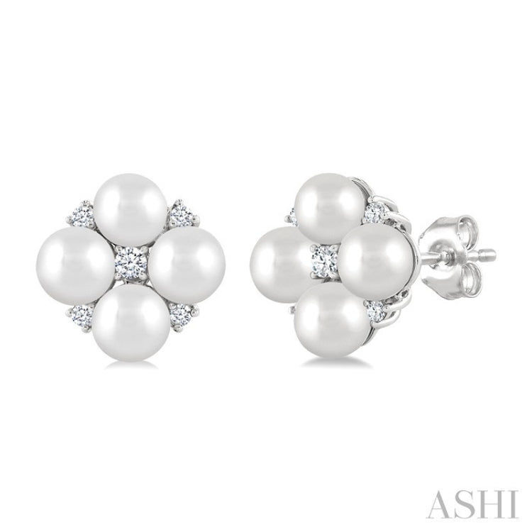 4 MM Round Shape Floral Cultured Pearls and 1/10 Ctw Round Cut Diamond Fashion Stud Earring in 10K White Gold