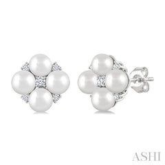 4 MM Round Shape Floral Cultured Pearls and 1/10 Ctw Round Cut Diamond Fashion Stud Earring in 10K White Gold