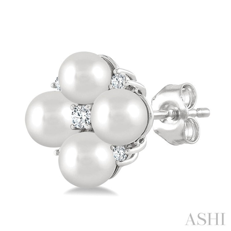 4 MM Round Shape Floral Cultured Pearls and 1/10 Ctw Round Cut Diamond Fashion Stud Earring in 10K White Gold