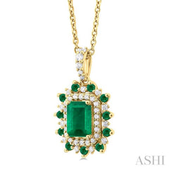 6X4 MM Emerald Cut & 1.55 MM Round Cut Emerald and 1/5 Ctw Round Cut Diamond Floral Precious Pendant With Chain in 14K Yellow Gold