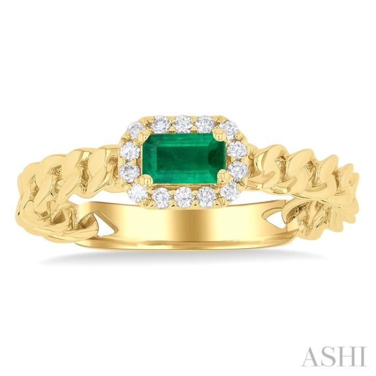 5x3 MM Oval Cut Emerald and 1/10 Ctw Curb & Cuban Link East-West Round Cut Diamond Halo Precious Ring in 10K Yellow Gold