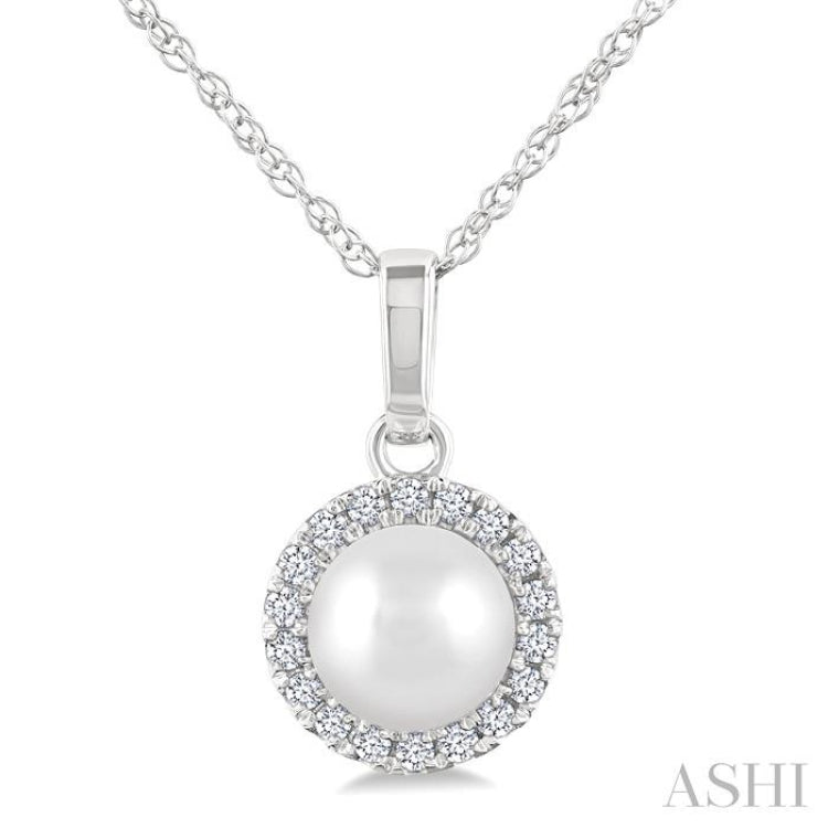 5 MM Cultured White Pearl and 1/20 Ctw Single Cut Diamond Halo Pendant With Chain in 10K White Gold