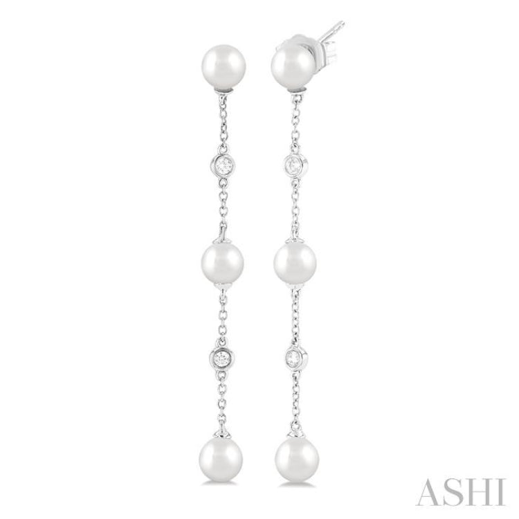 5 MM Round Shape Cultured Pearl and 1/10 Ctw Round Cut Diamond Station Long Earring in 14K White Gold