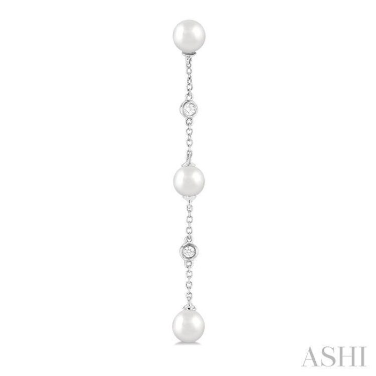 5 MM Round Shape Cultured Pearl and 1/10 Ctw Round Cut Diamond Station Long Earring in 14K White Gold