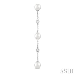 5 MM Round Shape Cultured Pearl and 1/10 Ctw Round Cut Diamond Station Long Earring in 14K White Gold