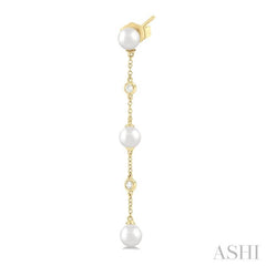 5 MM Round Shape Cultured Pearls and 1/10 Ctw Round Cut Diamond Station Long Earring in 14K Yellow Gold