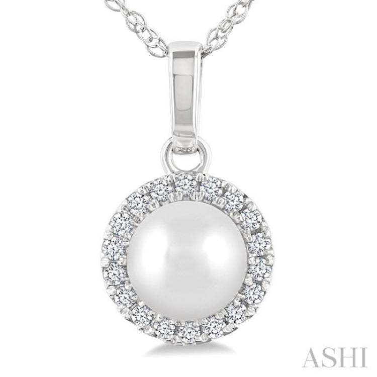 5 MM Cultured White Pearl and 1/20 Ctw Single Cut Diamond Halo Pendant With Chain in 14K White Gold