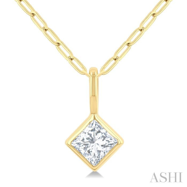 1/5 Ctw Princess Cut Bezel Set Diamond Fashion Pendant With Paperclip Chain in 14K Yellow Gold