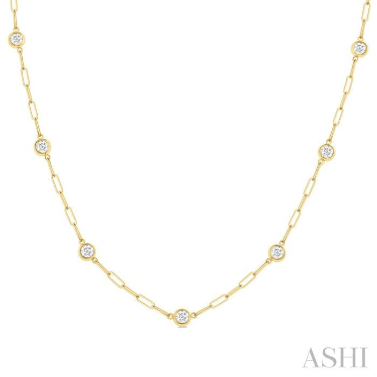 1 Ctw Bezel Set Round Cut Diamond Paperclip Station Necklace in 14K Yellow Gold
