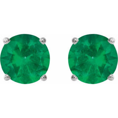 14K White 7 mm Lab-Grown Emerald Stud Earrings