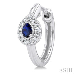 4X3 MM Pear Cut Sapphire and 1/10 Ctw Petite Round Cut Halo Diamond Fashion Huggies in 10K White Gold