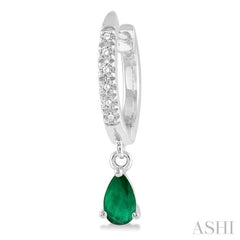 5x3 MM Pear Cut Emerald and 1/8 Ctw Round Cut Diamond Petite Fashion Huggie Earrings in 10K White Gold