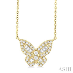 1/3 Ctw Petite Butterfly Baguette and Round Cut Diamond Fashion Pendant With Chain in 14K Yellow Gold