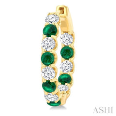 3.1 MM Emerald and 1 5/8 Ctw Round Cut Inside-Out Diamond Precious Hoop Earrings in 14K Yellow Gold